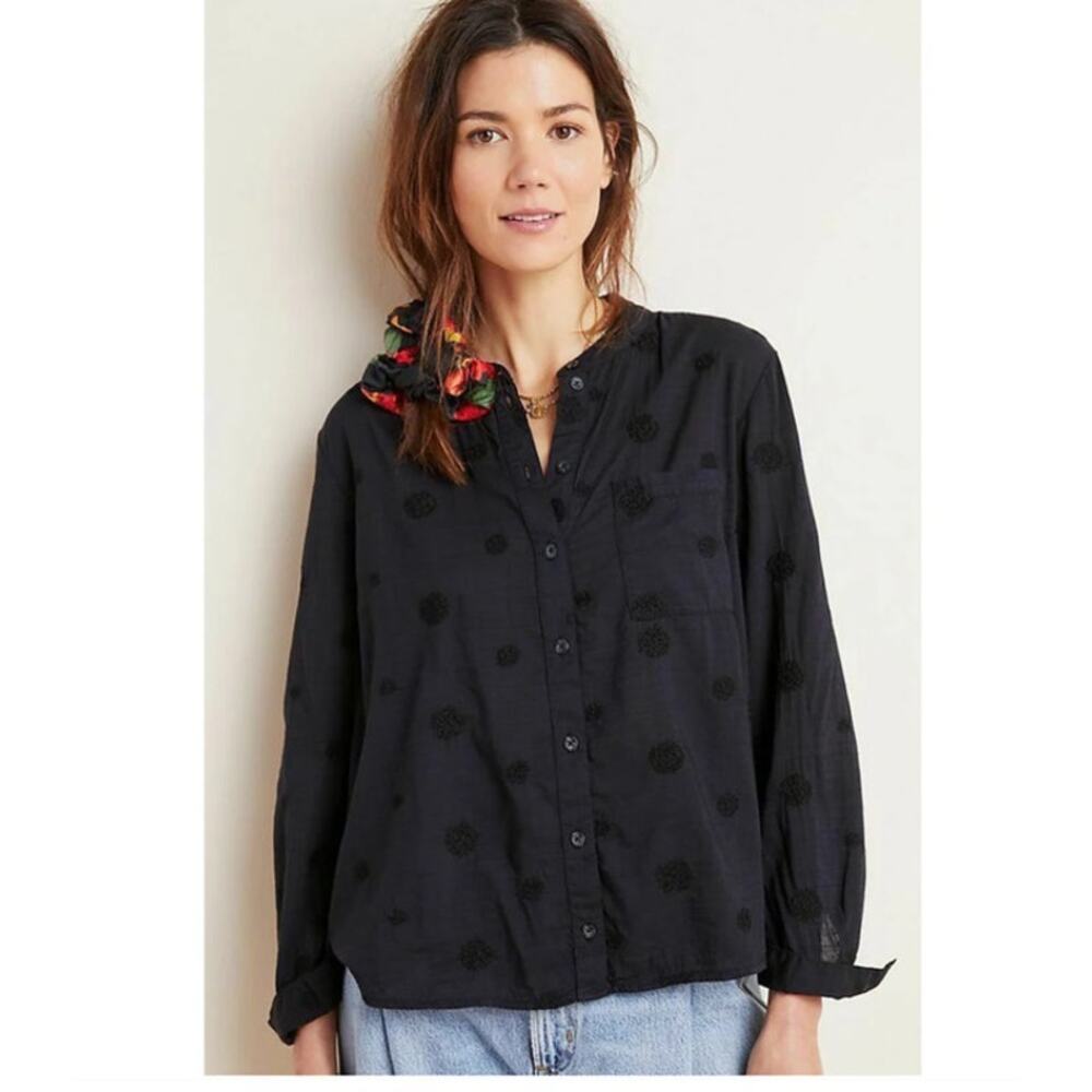Anthropologie Black Button-Front Blouse with Subtle Dot Texture
